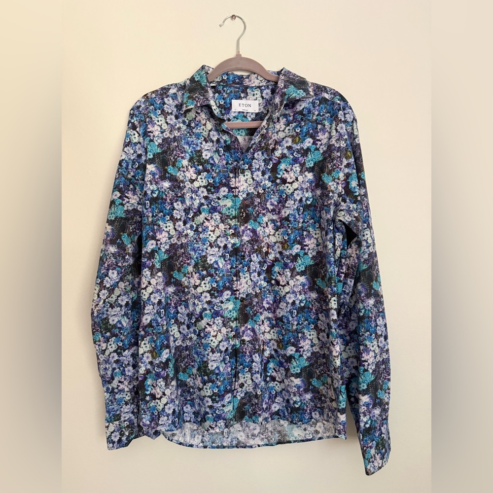 Eton Men’s Super Slim Floral Dress Shirt Blue Purple Size 41 / 16
